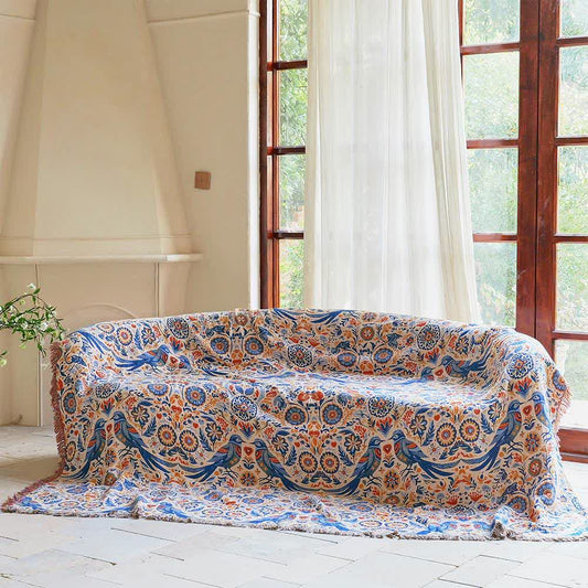 Vintage Bird Cotton Gauze Tassel Blanket - image 1
