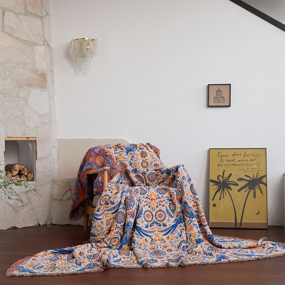 Vintage Bird Cotton Gauze Tassel Blanket - 90"W x 98"L - image 0