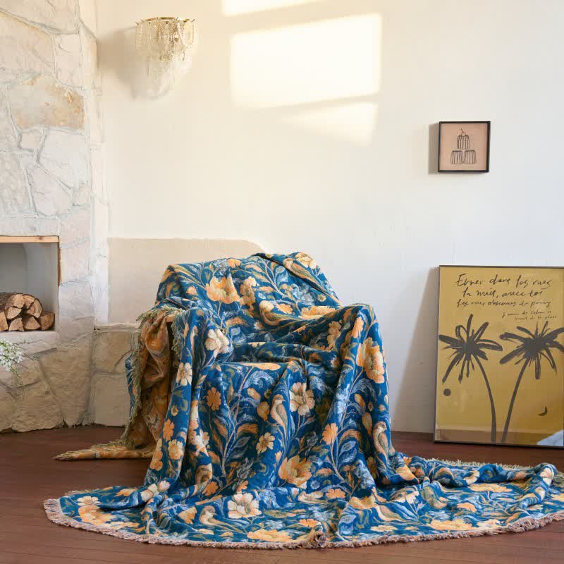 Vibrant Floral Bird Tassel Cotton Blanket - 90"W x 98"L - image 0