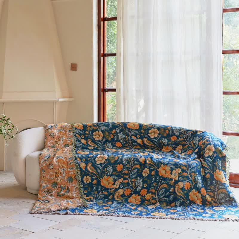 Vibrant Floral Bird Tassel Cotton Blanket - image 2