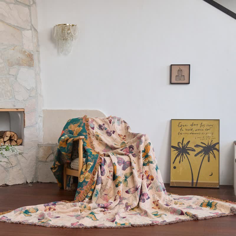 Elegant Butterfly Tassel Cotton Blanket - Light Yellow - 90"W x 98"L - image 5