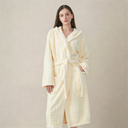 Simple Flannel Robe with Hood and Pockets - Beige - One Size - image 0
