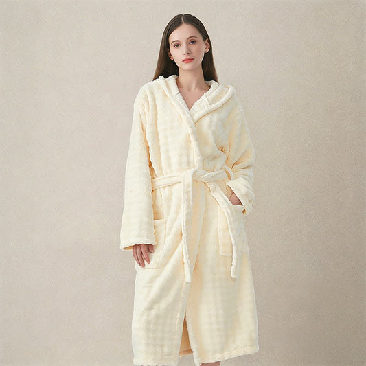 Simple Flannel Robe with Hood and Pockets - Beige - One Size - image 0