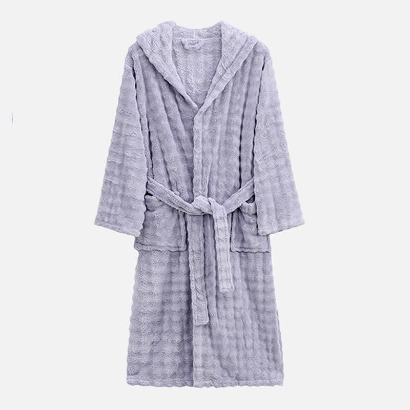 Simple Flannel Robe with Hood and Pockets - Light Purple - One Size - image 11