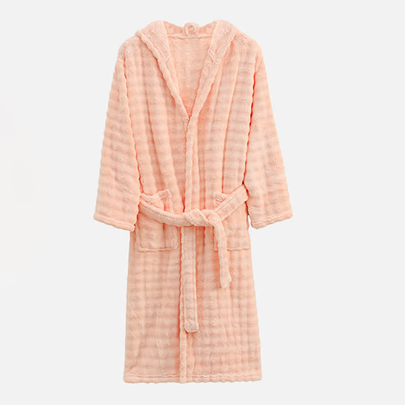 Simple Flannel Robe with Hood and Pockets - Light Pink - One Size - image 10