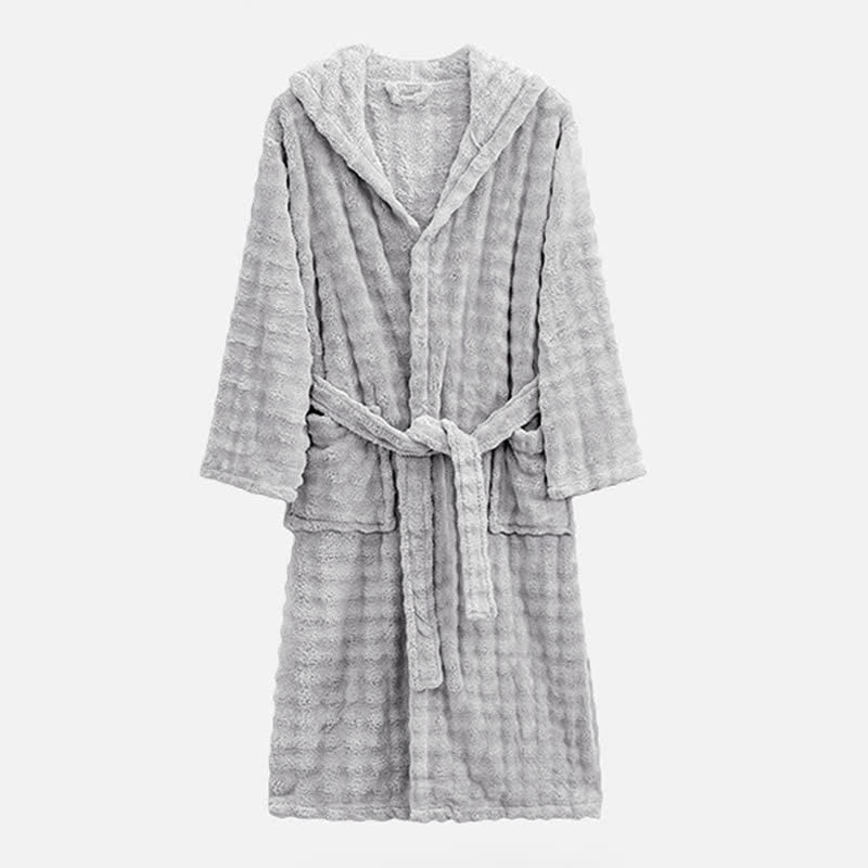 Simple Flannel Robe with Hood and Pockets - Light Gray - One Size - image 9