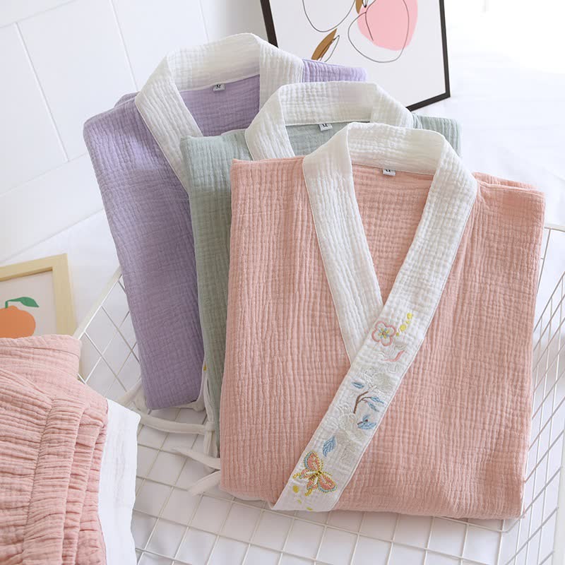 Butterfly Embroidered Cotton Gauze Kimono Loungewear - image 2