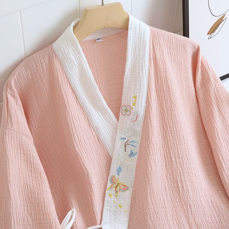 Butterfly Embroidered Cotton Gauze Kimono Loungewear - image 5
