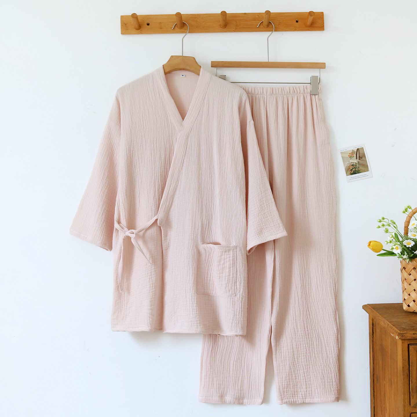 Unisex Minimalist Cotton Gauze Kimono Loungewear - Pink - Women XL - image 3