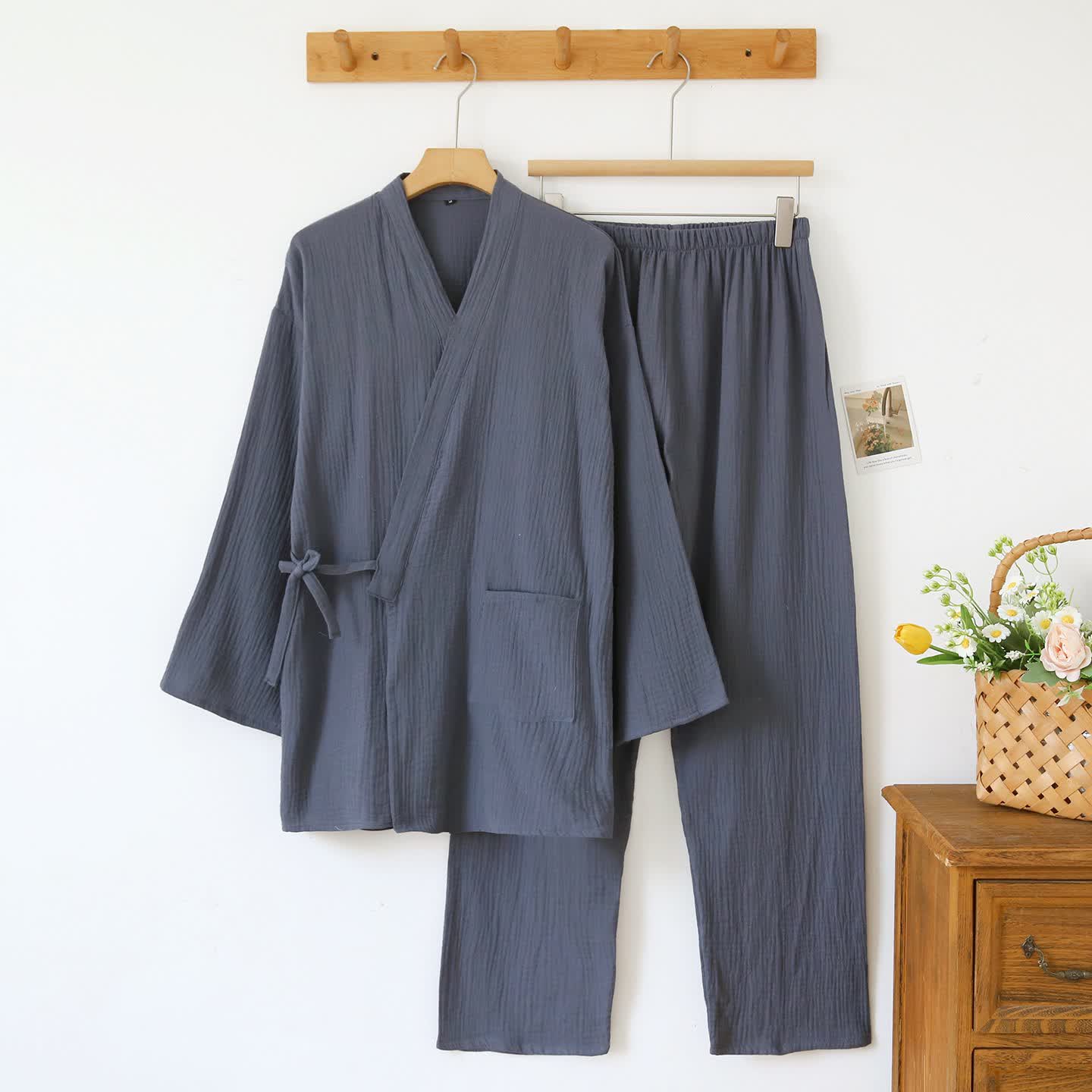 Unisex Minimalist Cotton Gauze Kimono Loungewear - Dark Grey - Men  XL - image 14
