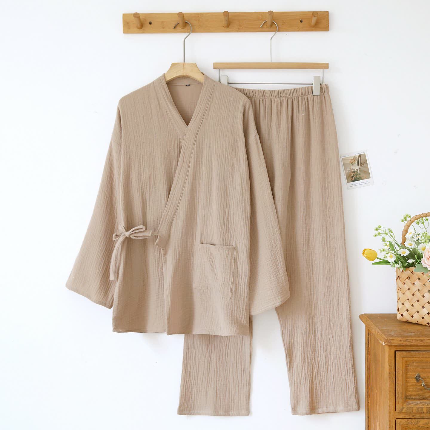Unisex Minimalist Cotton Gauze Kimono Loungewear - Khaki - Men  XL - image 13