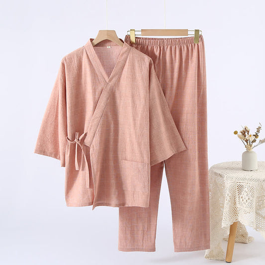 Subtle Plaid Cotton Gauze Kimono Loungewear - Orange - XL - image 0