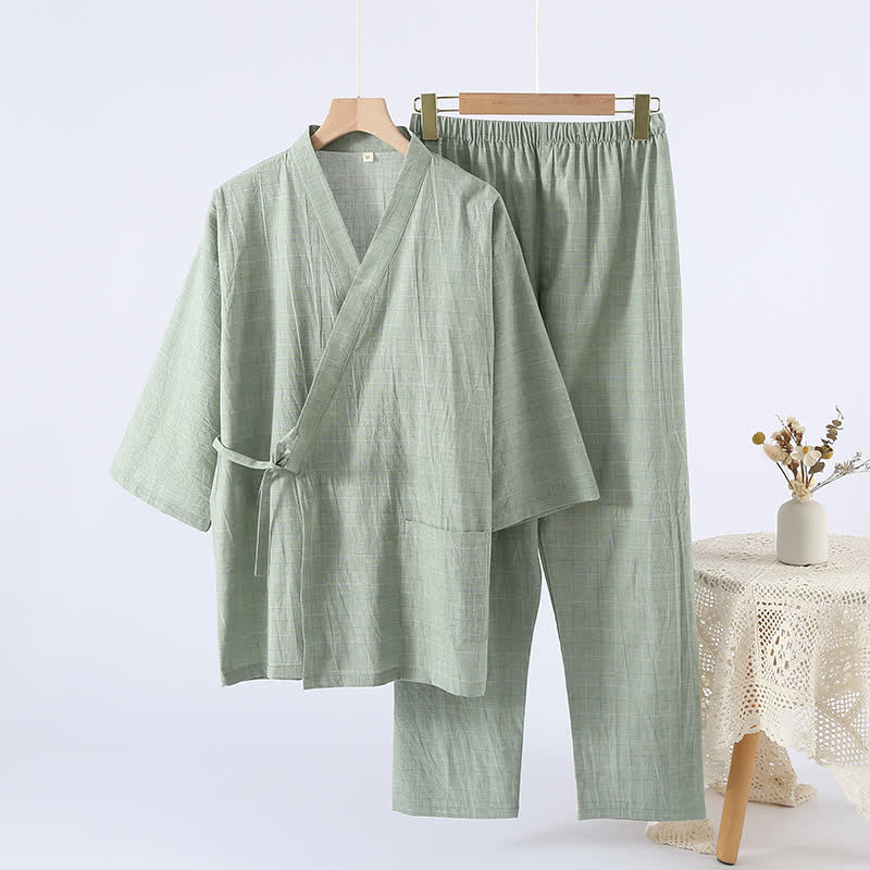 Subtle Plaid Cotton Gauze Kimono Loungewear - Green - XL - image 1