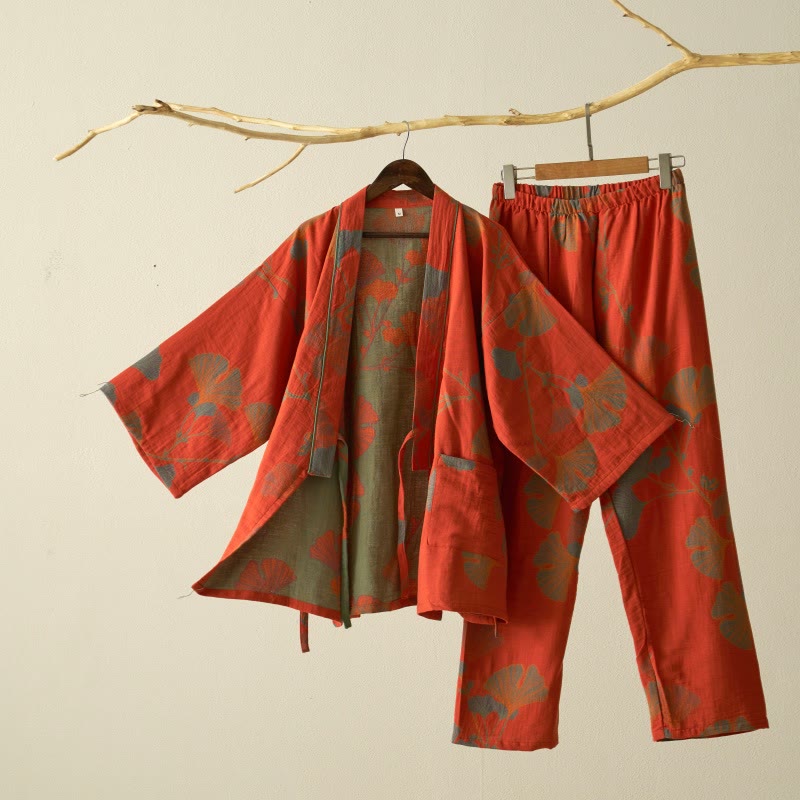 Large Ginkgo Leaf Cotton Kimono Pajamas - Orange - XL - image 1
