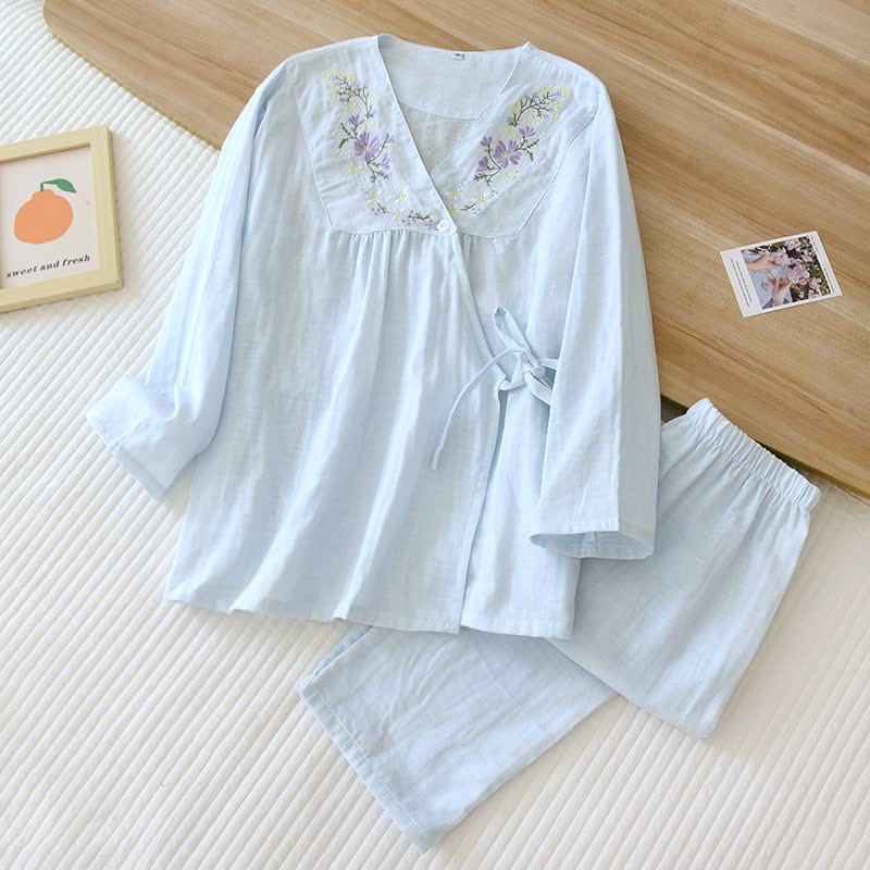 Floral Embroidery Cotton Gauze Kimono Loungewear - Light Blue - XL - image 13