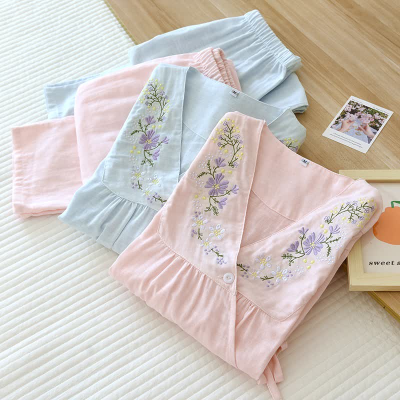 Floral Embroidery Cotton Gauze Kimono Loungewear - image 1