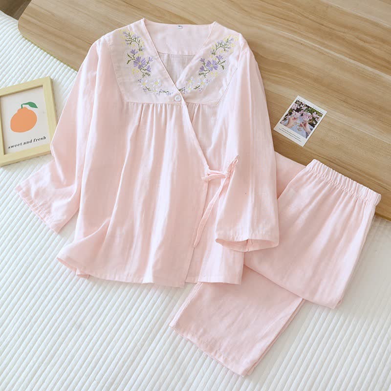 Floral Embroidery Cotton Gauze Kimono Loungewear - Light Pink - XL - image 3