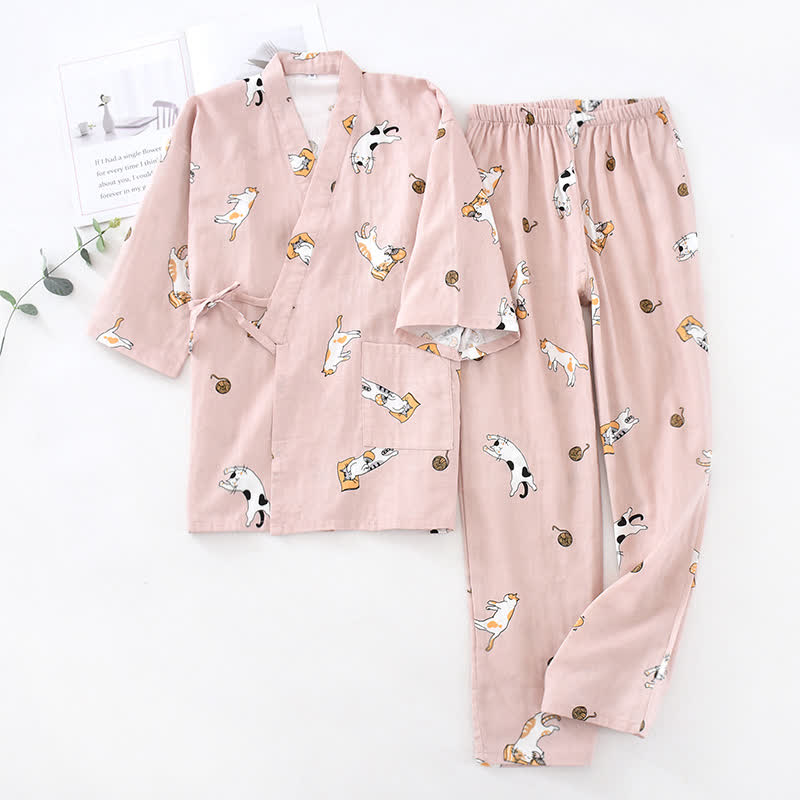 Couple Matching Cat Cotton Kimono Loungewear - Dark Pink - Women - L - image 3
