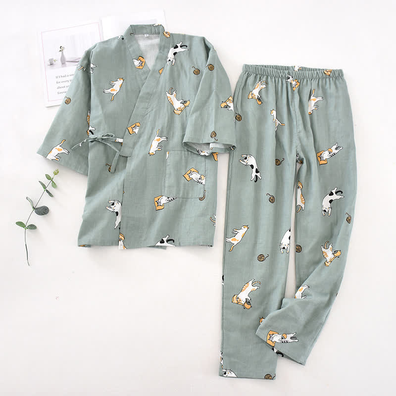 Couple Matching Cat Cotton Kimono Loungewear - Dark Green - Men - L - image 18