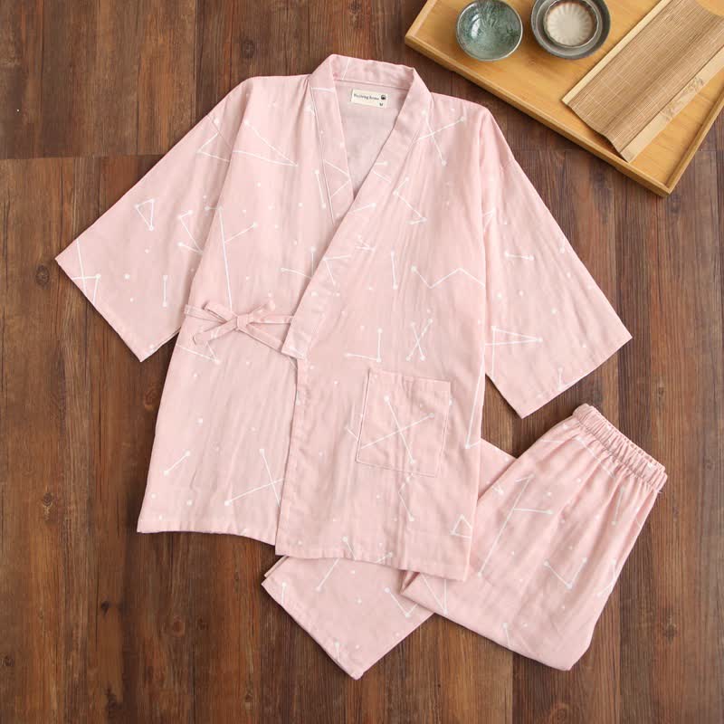 Couple Matching Line Cotton Kimono Loungewear - Pink - Women - L - image 2