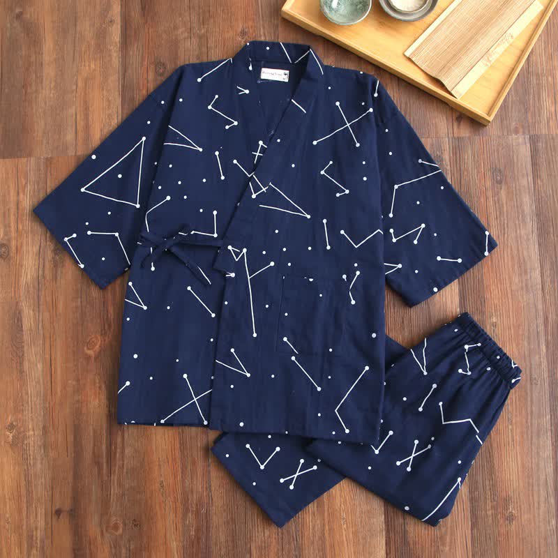 Couple Matching Line Cotton Kimono Loungewear - Navy Blue - Women - L - image 9