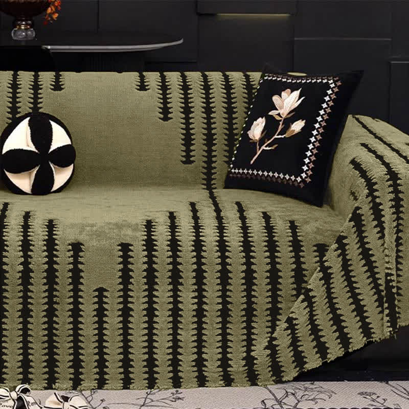 Thick Plush Chenille Stripe Sofa Cover - Green - 70.87" x  181.10" - image 0