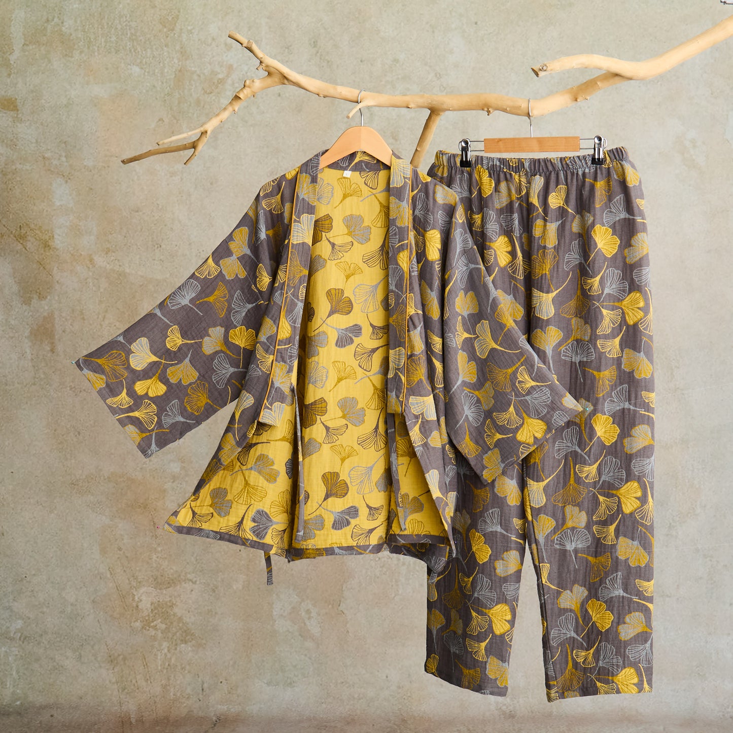 Ownkoti Ginkgo Cotton Gauze Kimono Loungewear Set - Dark Grey - XL - image 5