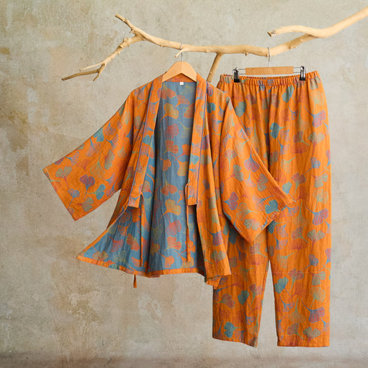 Ownkoti Ginkgo Cotton Gauze Kimono Loungewear Set - Orange - XL - image 0
