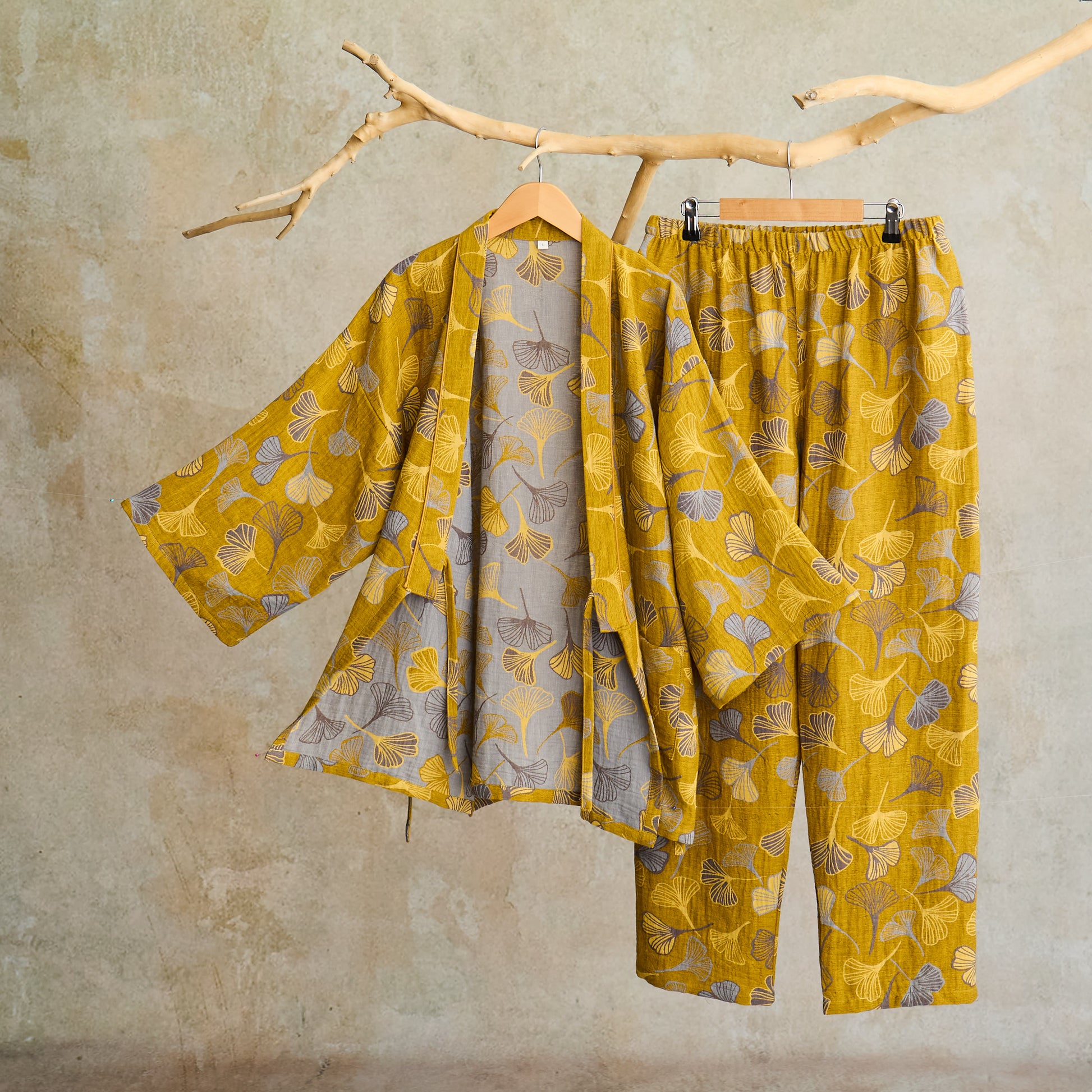 Ownkoti Ginkgo Cotton Gauze Kimono Loungewear Set - Dark Yellow - XL - image 8