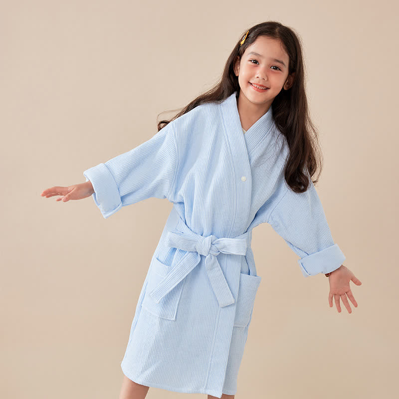 Solid Waffle Weave Cotton Child Bathrobe - Blue - Child:145-160cm - image 8