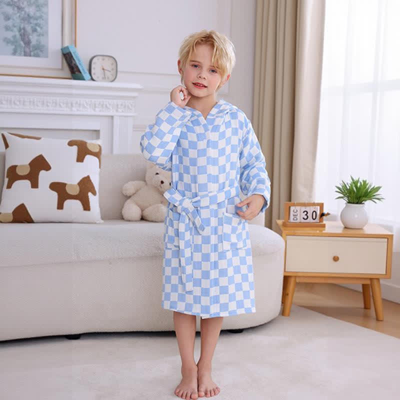Checkered Hooded Cotton Gauze Child Bathrobe - Blue - Child:145-160cm - image 2