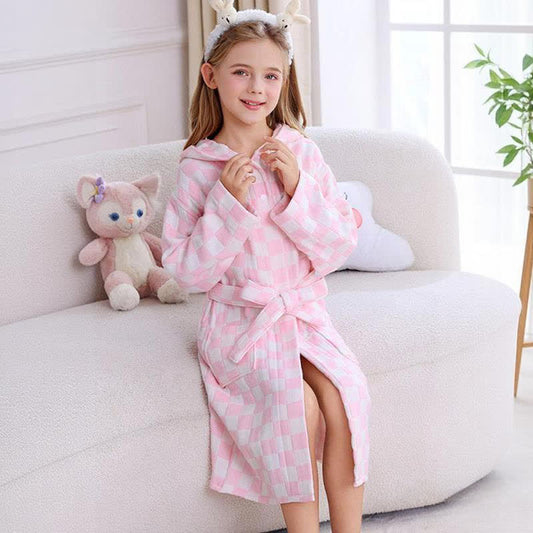 Checkered Hooded Cotton Gauze Child Bathrobe - Pink - Child:145-160cm - image 0