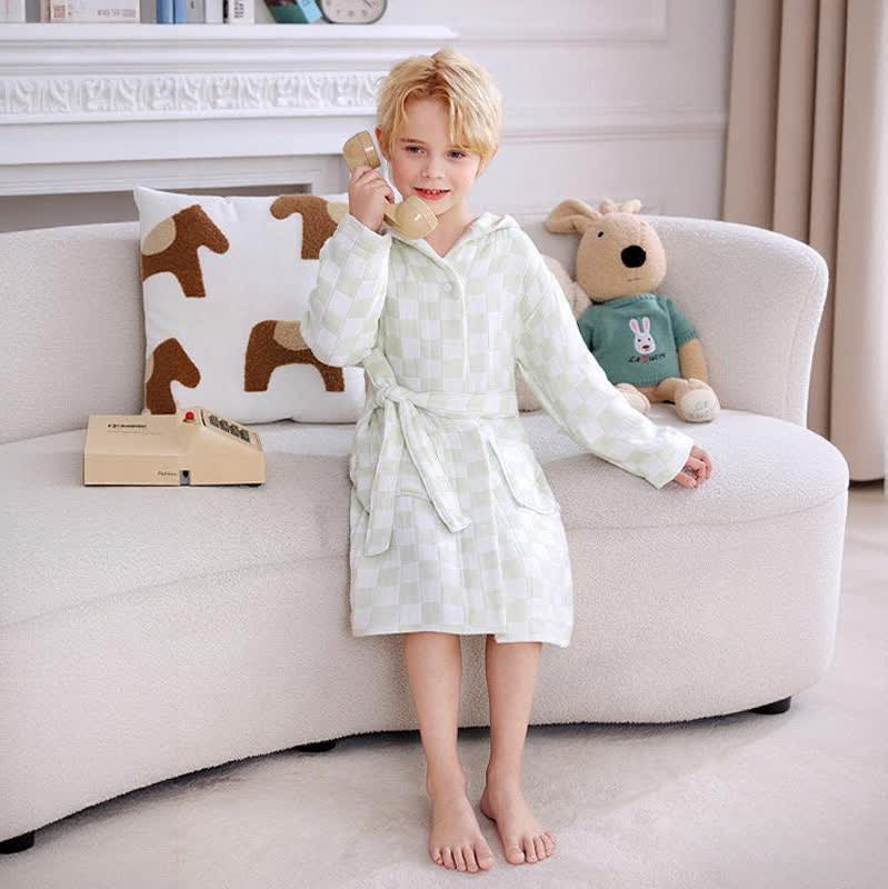 Checkered Hooded Cotton Gauze Child Bathrobe - image 7