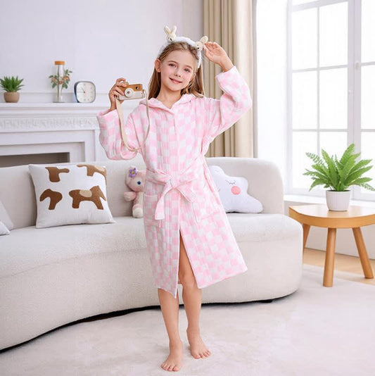 Checkered Hooded Cotton Gauze Child Bathrobe - image 1