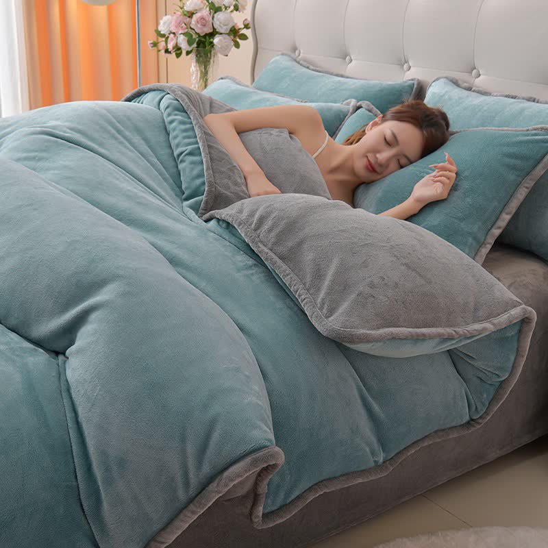 Reversible Solid Color Plush Bedding Set - Blue & Gray - Bedding Set - King - image 0