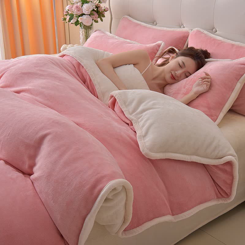 Reversible Solid Color Plush Bedding Set - Pink & Beige - Bedding Set - King - image 4