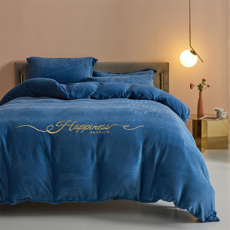 Happiness Embroidered Plush Bedding Set(4PCS) - Dark Blue - King - image 11