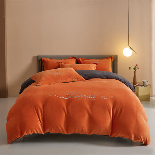 Happiness Embroidered Plush Bedding Set(4PCS) - Orange - King - image 0
