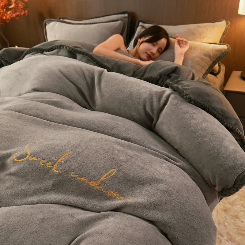 Sweet Home Printed Plush Bedding Set(4PCS) - Light Gray - King - image 11