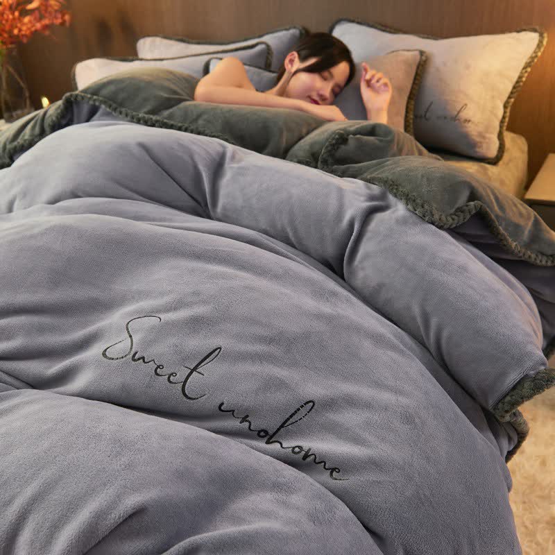 Sweet Home Printed Plush Bedding Set(4PCS) - Blue Gray - King - image 10