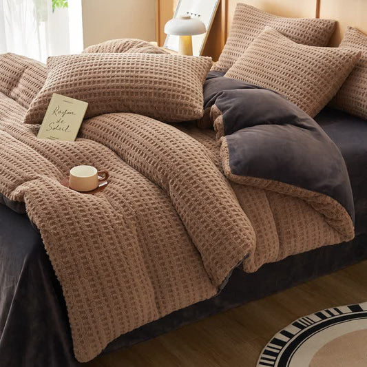 Plaid Textured Fluffy Bedding Set(4PCS) - image 0