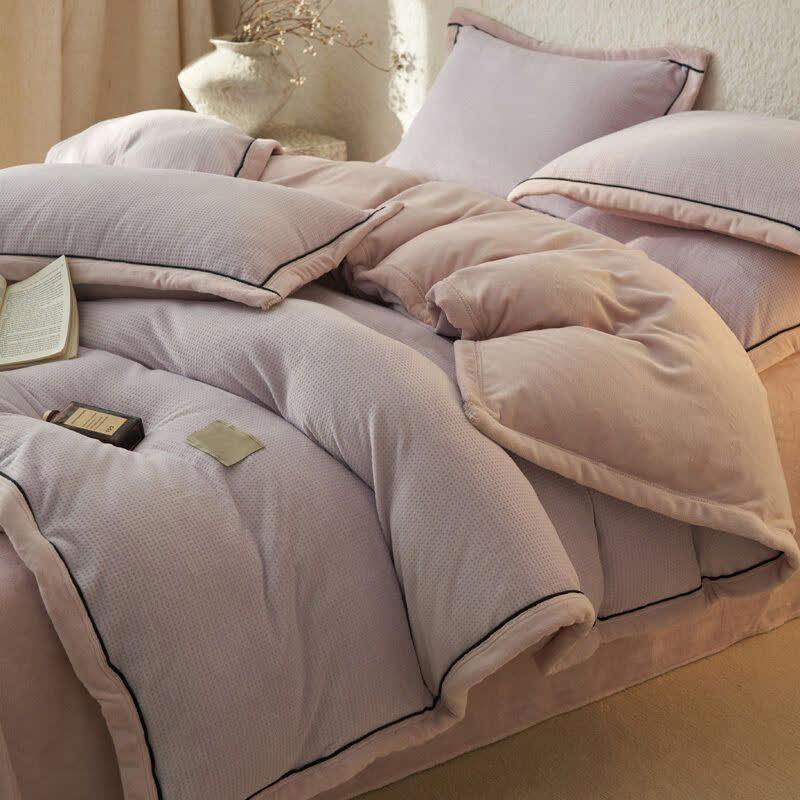 Waffle Textured  Reversible Plush Bedding Set(4PCS) - Light Purple - King - image 9