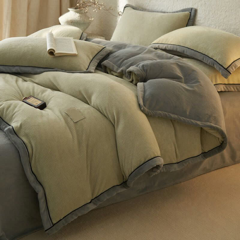 Waffle Textured  Reversible Plush Bedding Set(4PCS) - Green - King - image 11
