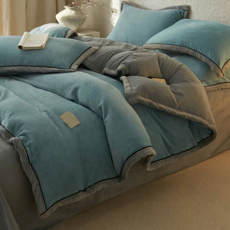 Waffle Textured  Reversible Plush Bedding Set(4PCS) - Blue - King - image 2