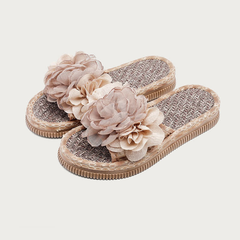 Chiffon Floral Linen House Slippers - Beige - L - image 13