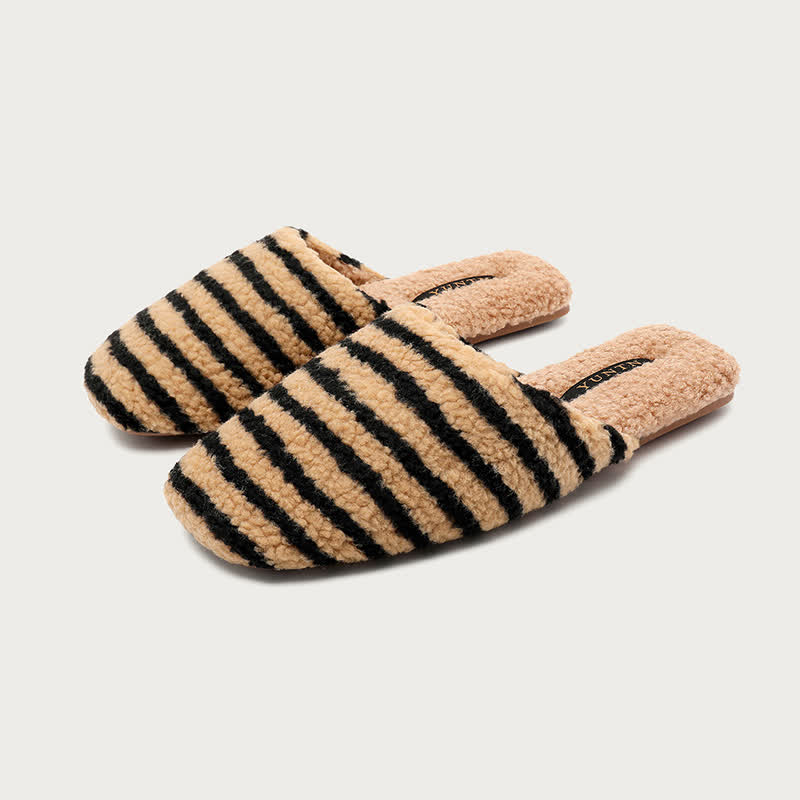 Striped Plush Warm House Slippers - Coffee&Black - 2XL - image 11
