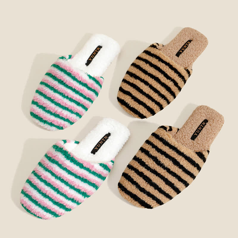 Striped Plush Warm House Slippers - image 1