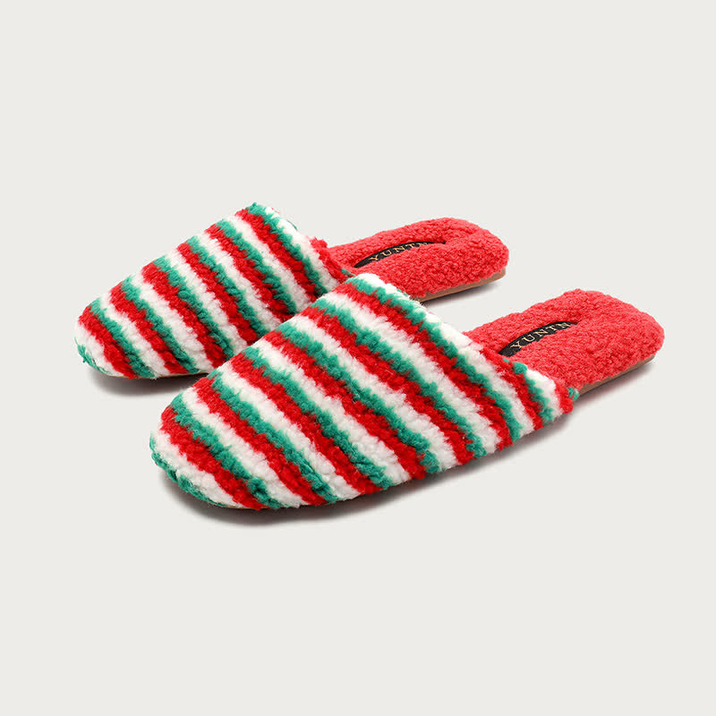 Striped Plush Warm House Slippers - Red&Green - L - image 3