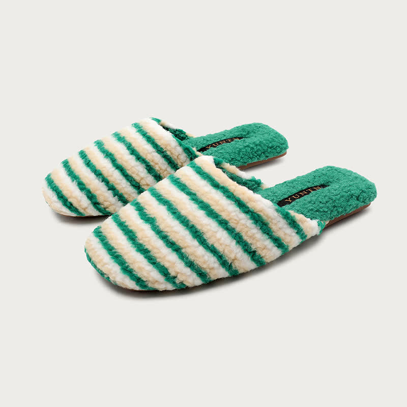 Striped Plush Warm House Slippers - Green - L - image 5