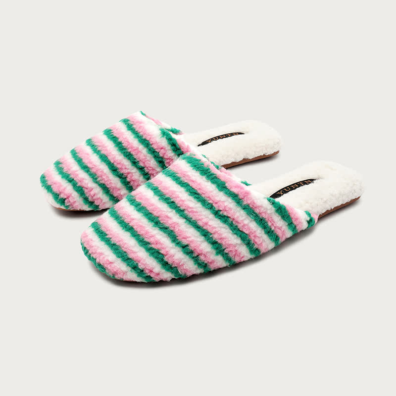 Striped Plush Warm House Slippers - Green&Pink - L - image 6